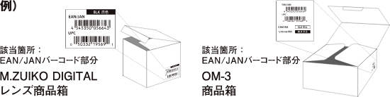 例）該当箇所：EAN/JAN バーコード部分 M.ZUIKO DIGITAL レンズ商品箱　該当箇所：JAN/EANコード部分 OM-3 商品箱