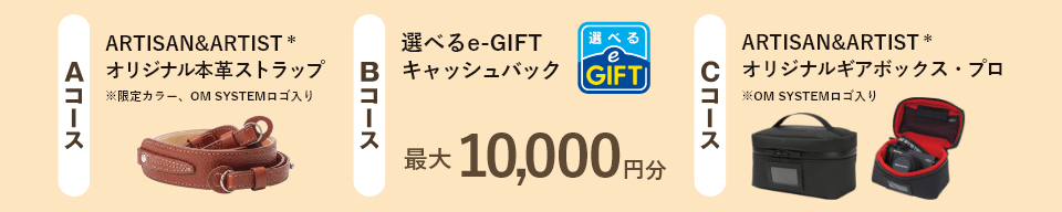 次の旅に持ち出したくなる限定ストラップ、または e-GIFT を選べるキャンペーン。Aコース ARTISAN&ARTIST＊オリジナル本革ストラップ Bコース 選べるe-GIFTキャッシュバック 最大10,000円分