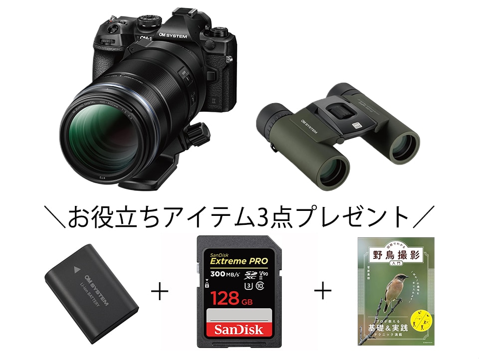 【野鳥撮影におすすめセット】OM-1 Mark II + M.ZUIKO DIGITAL ED 100-400mm F5.0-6.3 IS II +8×25WPII + リチウムイオン充電池 BLX-1 + SDカード128GB セット + 図解でわかる野鳥撮影入門 OM-1 Mark II + 100-400mm F5.0-6.3 IS II +8×25WPII + BLX-1 + SD + 本セット