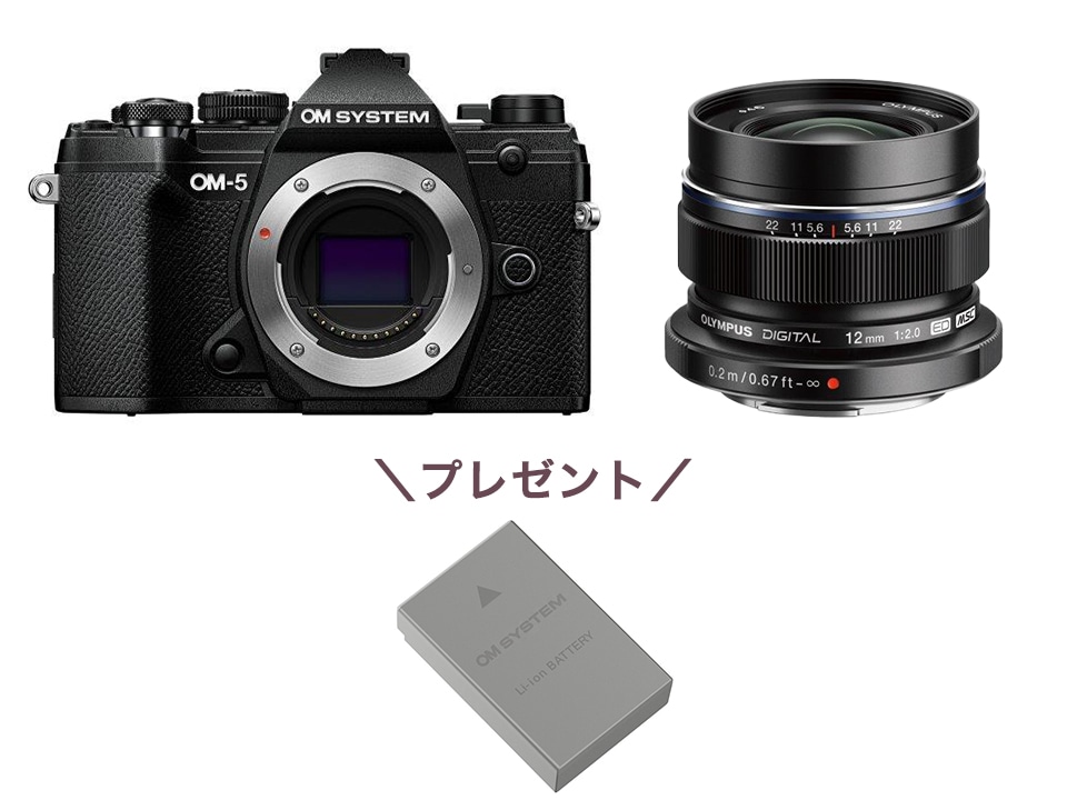 【無くなり次第終了！】OM-5 ボディー ブラック +M.ZUIKO DIGITAL ED 12mm F2.0 ブラック セット