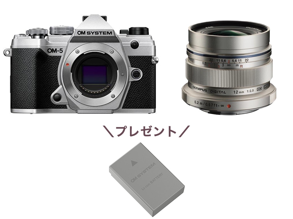 【無くなり次第終了！】OM-5 ボディー シルバー + M.ZUIKO DIGITAL ED 12mm F2.0 シルバー セット