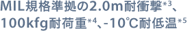 MIL規格準拠の2.0m耐衝撃*3、100kfg耐荷重*4、-10℃耐低温*5