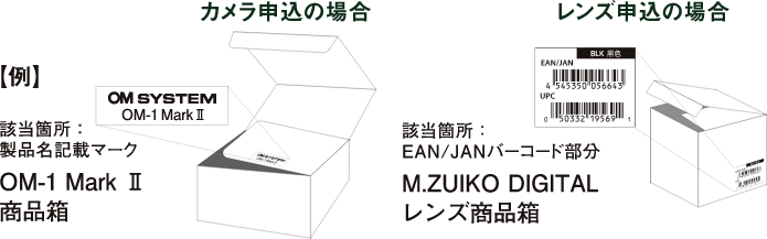 例）該当箇所：EAN/JAN バーコード部分 M.ZUIKO DIGITAL レンズ商品箱　該当箇所：製品名記載マーク OM-1 Mark Ⅱ 商品箱